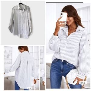 NEW Cupshe Analia Long Sleeve Black Pinstripe Blouse size large